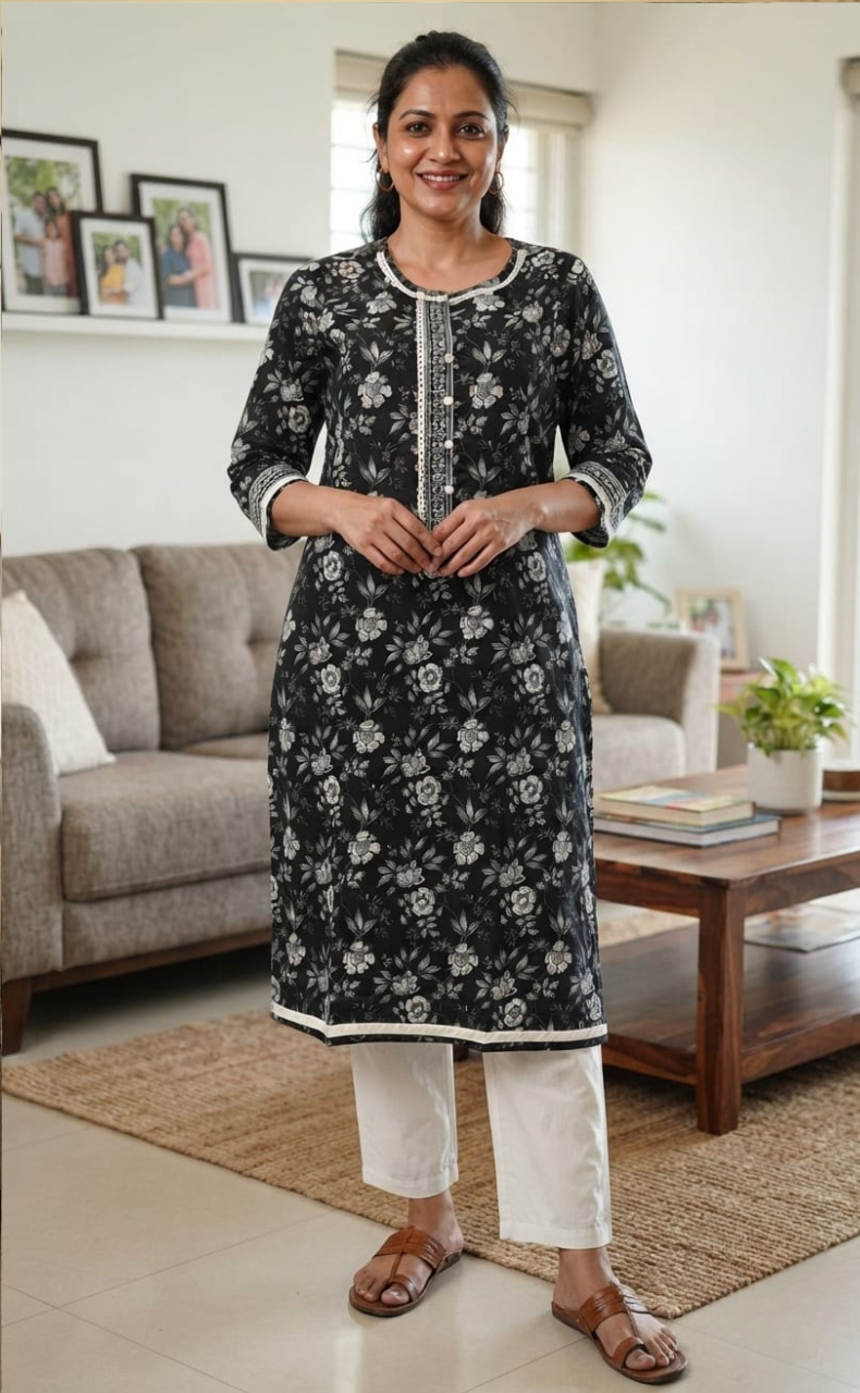 Black/White Garden Jaipuri Cotton Kurti. Pure Versatile Cotton. | Laces and Frills