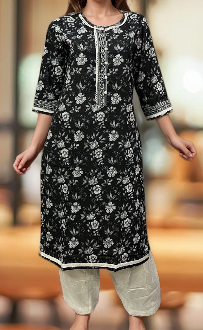Black/White Garden Jaipuri Cotton Kurti. Pure Versatile Cotton. | Laces and Frills - Laces and Frills
