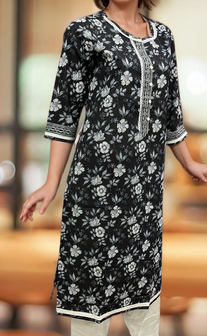 Black/White Garden Jaipuri Cotton Kurti. Pure Versatile Cotton. | Laces and Frills - Laces and Frills