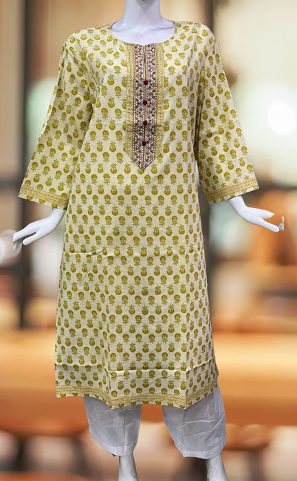 Off White/Yellow Flora Jaipuri Cotton Kurti. Pure Versatile Cotton. | Laces and Frills - Laces and Frills