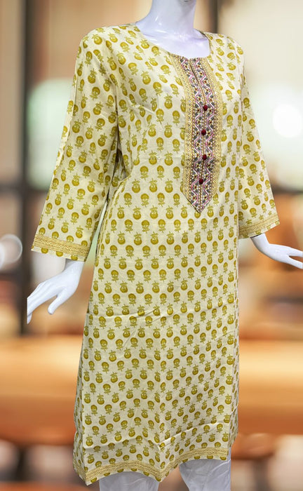 Off White/Yellow Flora Jaipuri Cotton Kurti. Pure Versatile Cotton. | Laces and Frills - Laces and Frills