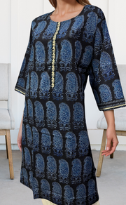 Black/Blue Manga Motif Jaipuri Cotton Kurti. Pure Versatile Cotton. | Laces and Frills - Laces and Frills