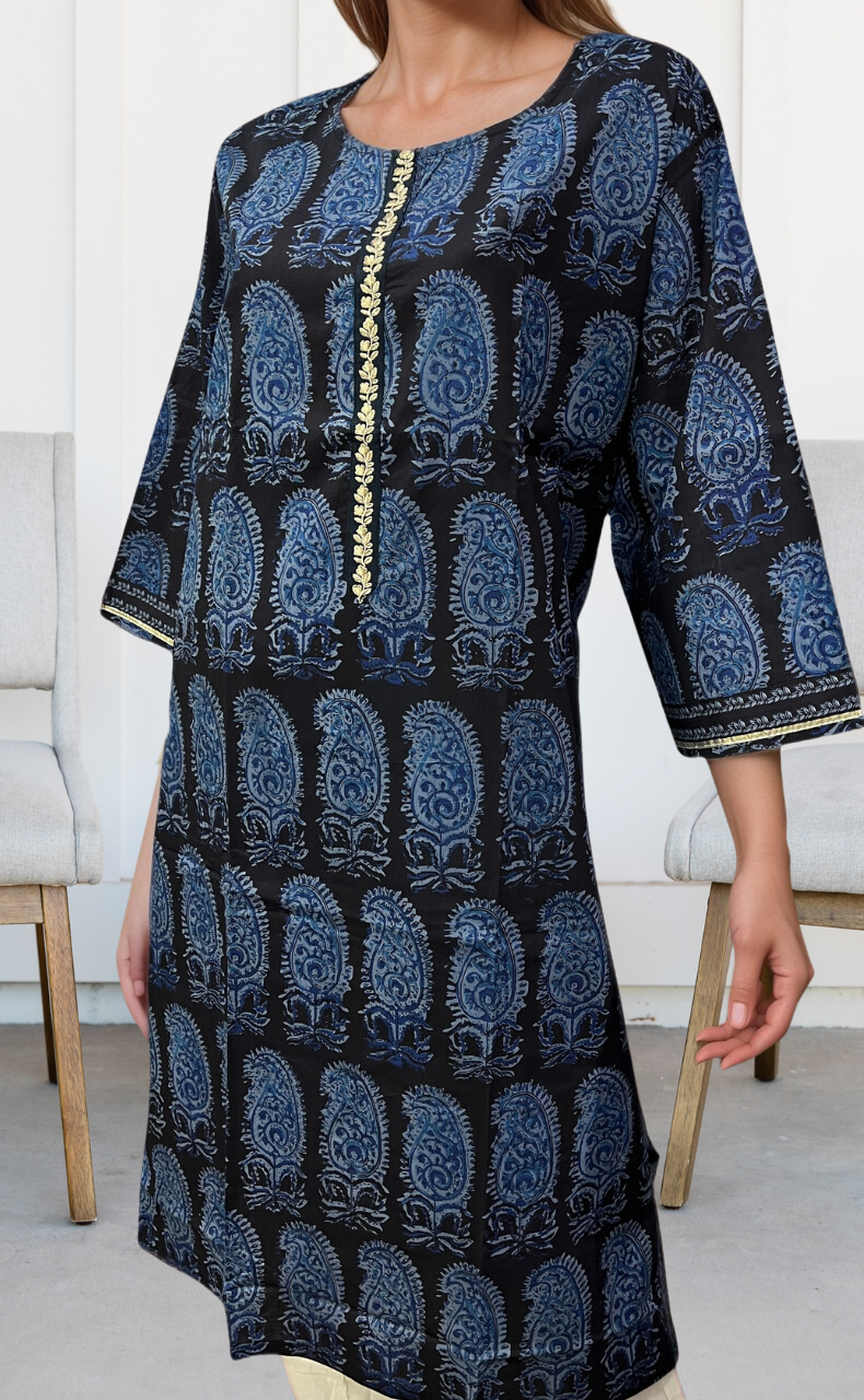 Black/Blue Manga Motif Jaipuri Cotton Kurti. Pure Versatile Cotton. | Laces and Frills - Laces and Frills