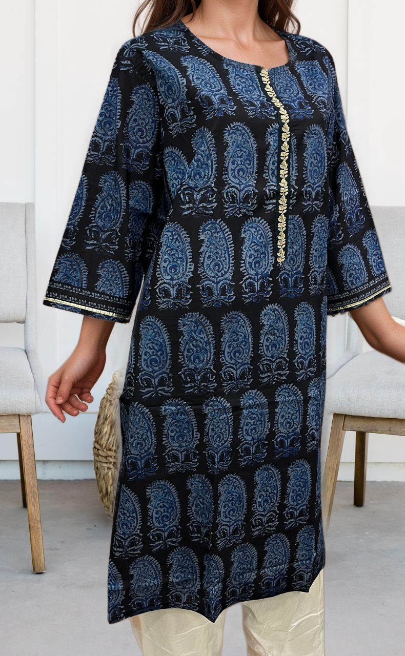Black/Blue Manga Motif Jaipuri Cotton Kurti. Pure Versatile Cotton. | Laces and Frills - Laces and Frills