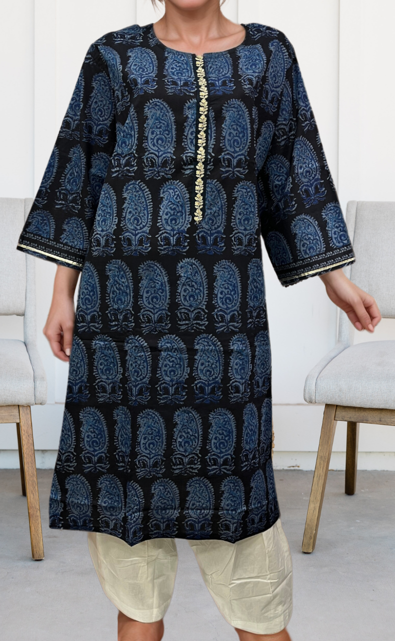 Black/Blue Manga Motif Jaipuri Cotton Kurti. Pure Versatile Cotton. | Laces and Frills - Laces and Frills