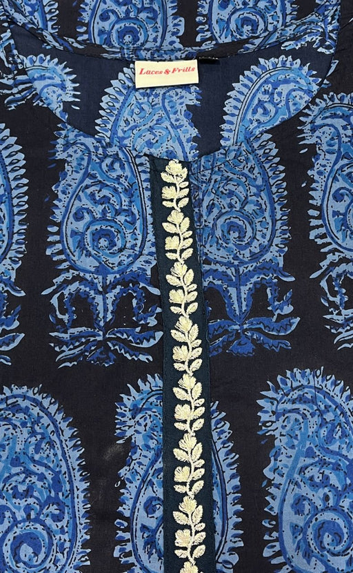 Black/Blue Manga Motif Jaipuri Cotton Kurti. Pure Versatile Cotton. | Laces and Frills - Laces and Frills