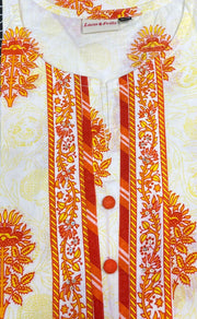White/Orange Floral Jaipuri Cotton Kurti. Pure Versatile Cotton. | Laces and Frills - Laces and Frills