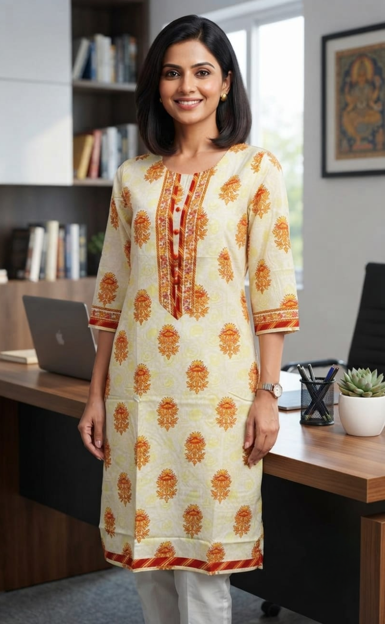 White/Orange Floral Jaipuri Cotton Kurti. Pure Versatile Cotton. | Laces and Frills