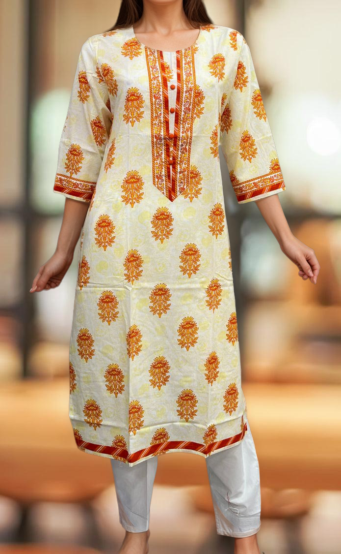 White/Orange Floral Jaipuri Cotton Kurti. Pure Versatile Cotton. | Laces and Frills - Laces and Frills