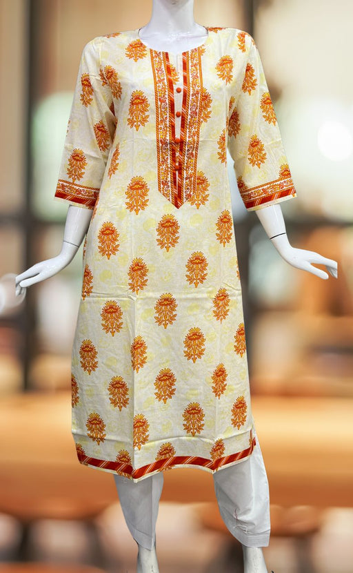 White/Orange Floral Jaipuri Cotton Kurti. Pure Versatile Cotton. | Laces and Frills - Laces and Frills