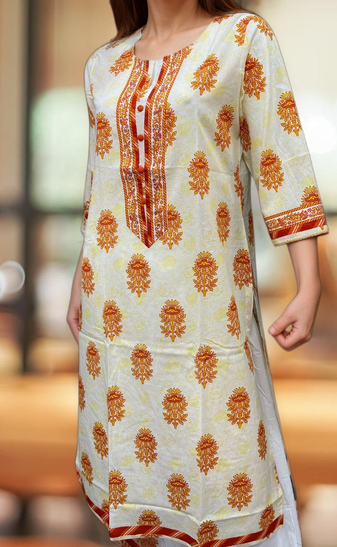 White/Orange Floral Jaipuri Cotton Kurti. Pure Versatile Cotton. | Laces and Frills - Laces and Frills