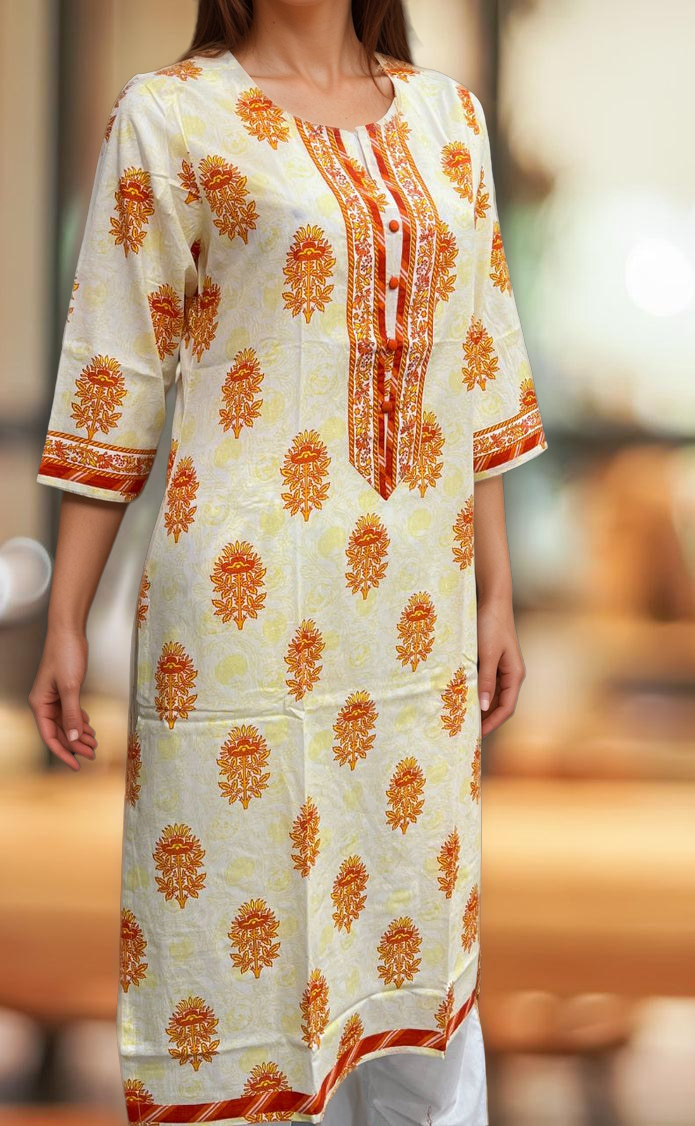 White/Orange Floral Jaipuri Cotton Kurti. Pure Versatile Cotton. | Laces and Frills - Laces and Frills
