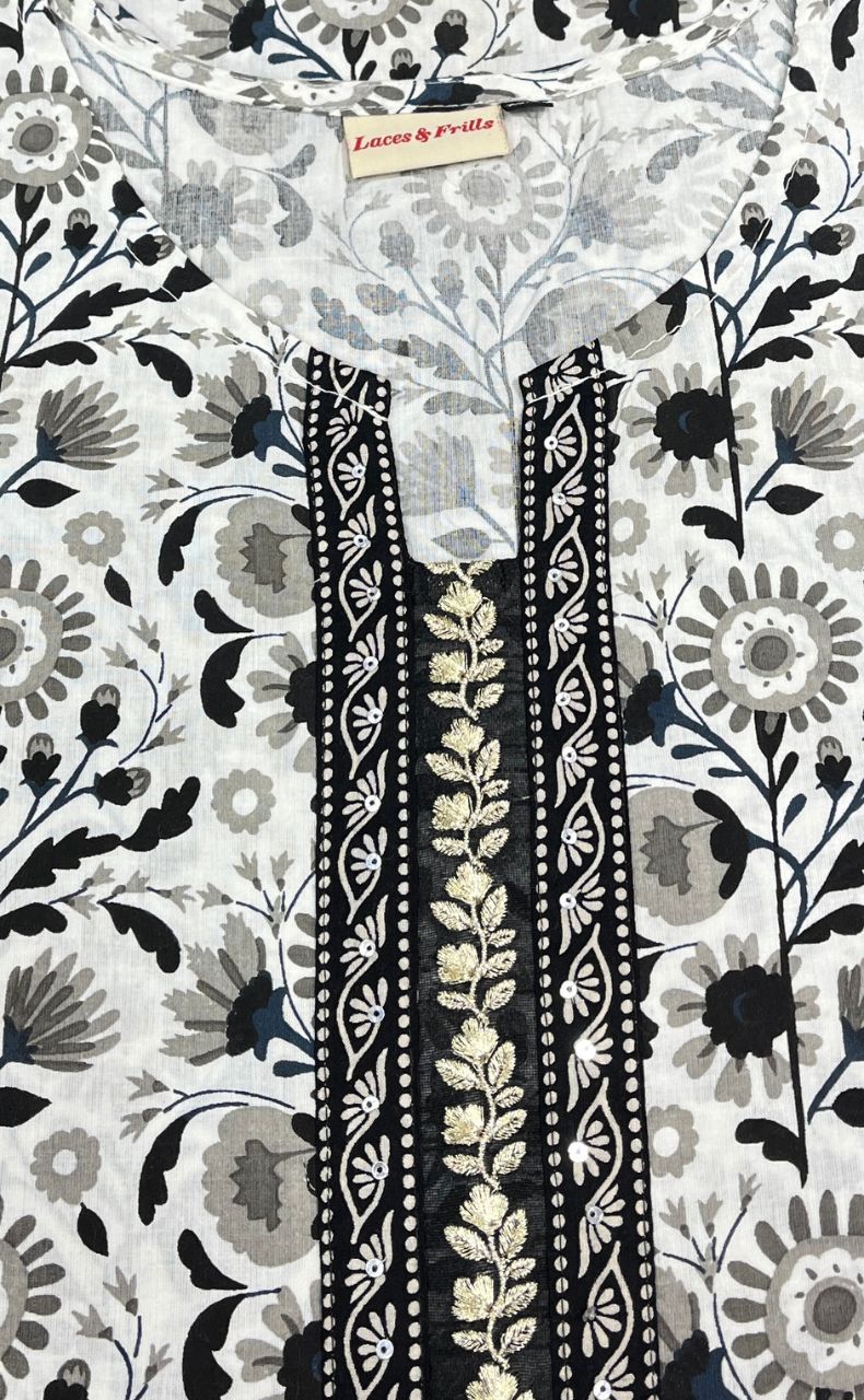 White/Black Garden Jaipuri Cotton Kurti. Pure Versatile Cotton. | Laces and Frills - Laces and Frills