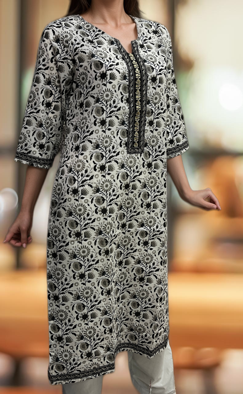 White/Black Garden Jaipuri Cotton Kurti. Pure Versatile Cotton. | Laces and Frills - Laces and Frills