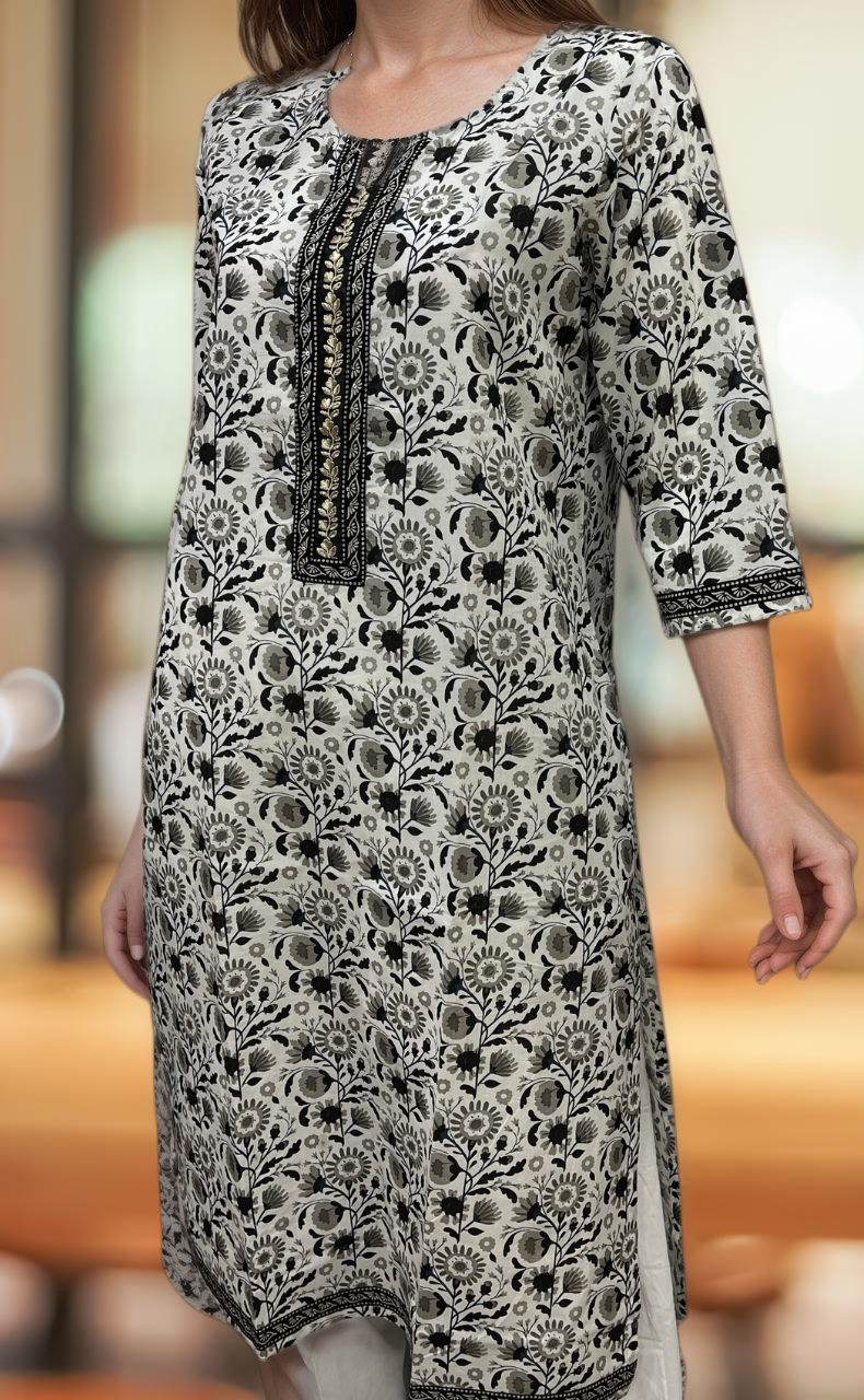 White/Black Garden Jaipuri Cotton Kurti. Pure Versatile Cotton. | Laces and Frills - Laces and Frills
