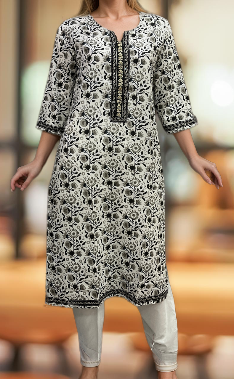 White/Black Garden Jaipuri Cotton Kurti. Pure Versatile Cotton. | Laces and Frills - Laces and Frills
