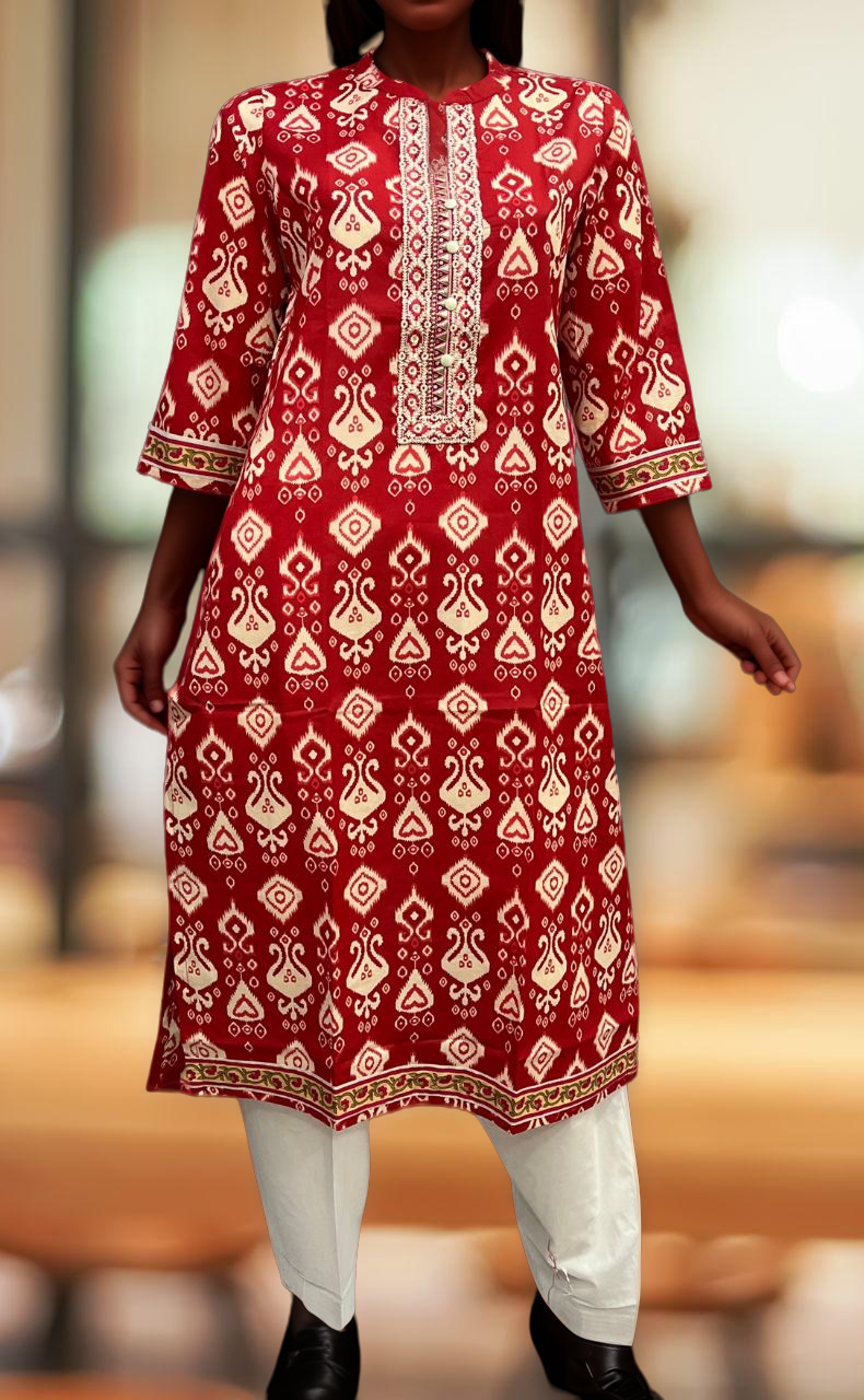 Red Abstract Jaipuri Cotton Kurti. Pure Versatile Cotton. | Laces and Frills - Laces and Frills