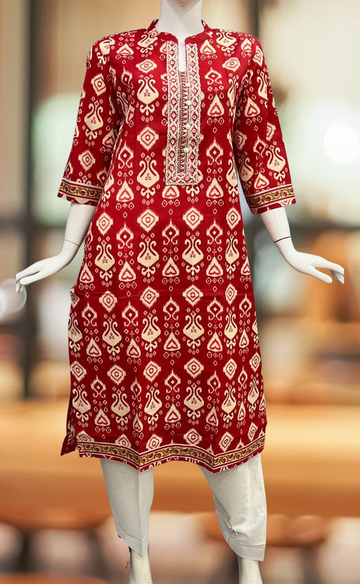 Red Leafy Jaipuri Cotton Kurti. Pure Versatile Cotton. | Laces and Frills |  Laces and Frills