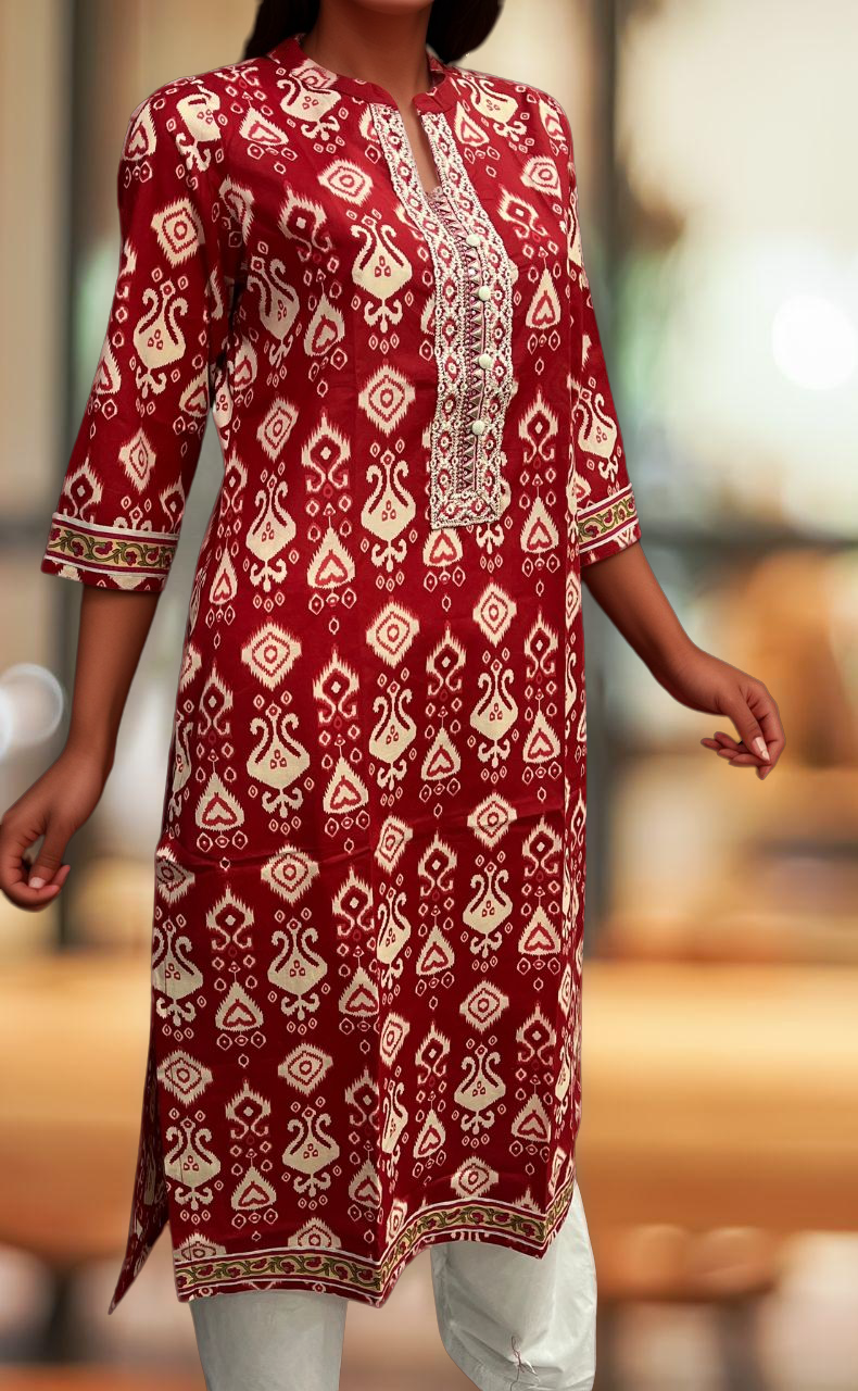 Red Abstract Jaipuri Cotton Kurti. Pure Versatile Cotton. | Laces and Frills - Laces and Frills