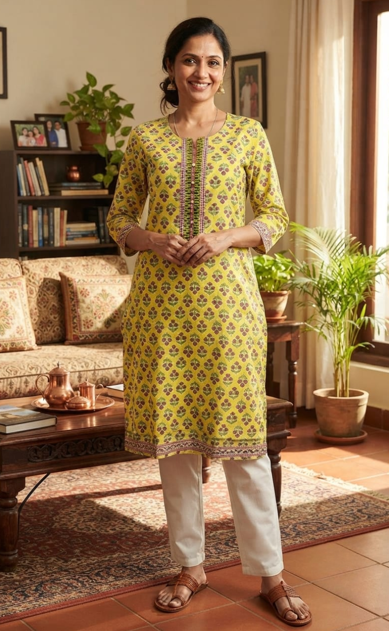 Yellow Floral Jaipuri Cotton Kurti. Pure Versatile Cotton. | Laces and Frills