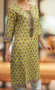 Yellow Floral Jaipuri Cotton Kurti. Pure Versatile Cotton. | Laces and Frills - Laces and Frills