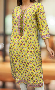 Yellow Floral Jaipuri Cotton Kurti. Pure Versatile Cotton. | Laces and Frills - Laces and Frills