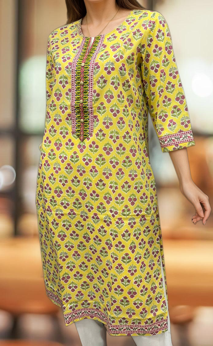 Yellow Floral Jaipuri Cotton Kurti. Pure Versatile Cotton. | Laces and Frills - Laces and Frills