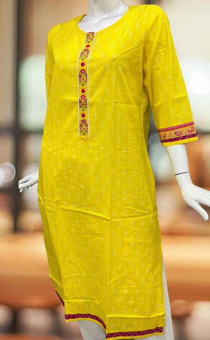 Yellow Ikkat Jaipuri Cotton Kurti. Pure Versatile Cotton. | Laces and Frills - Laces and Frills