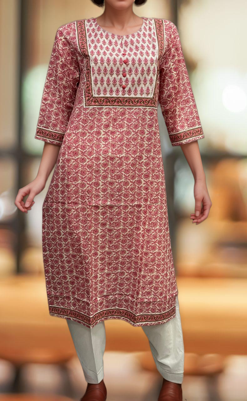 Candy Pink/White Flora Jaipuri Cotton Kurti. Pure Versatile Cotton. | Laces and Frills - Laces and Frills