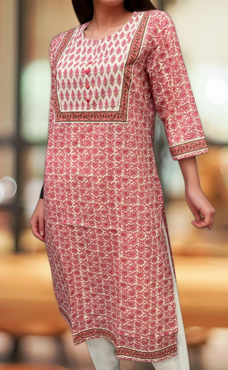 Candy Pink/White Flora Jaipuri Cotton Kurti. Pure Versatile Cotton. | Laces and Frills - Laces and Frills