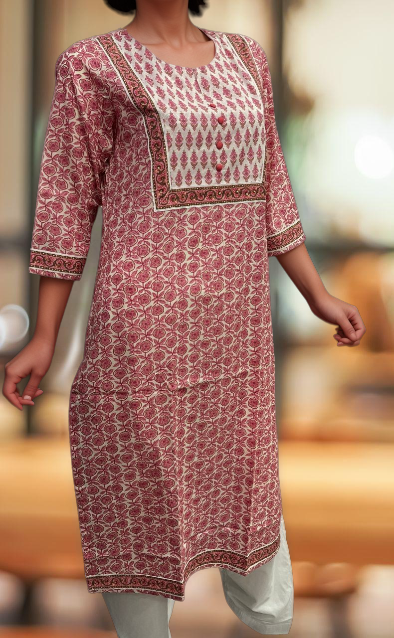 Candy Pink/White Flora Jaipuri Cotton Kurti. Pure Versatile Cotton. | Laces and Frills - Laces and Frills