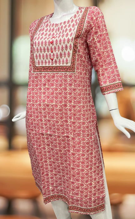 Candy Pink/White Flora Jaipuri Cotton Kurti. Pure Versatile Cotton. | Laces and Frills - Laces and Frills