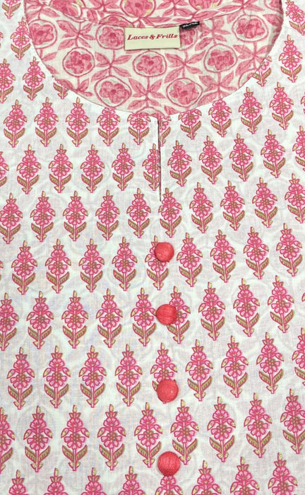 Candy Pink/White Flora Jaipuri Cotton Kurti. Pure Versatile Cotton. | Laces and Frills - Laces and Frills