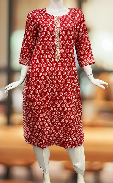 Red Leafy Jaipuri Cotton Kurti. Pure Versatile Cotton. | Laces and Frills - Laces and Frills
