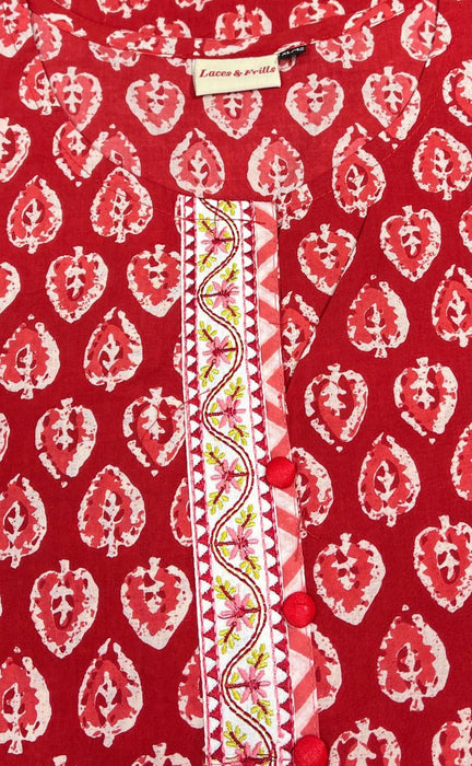 Red Leafy Jaipuri Cotton Kurti. Pure Versatile Cotton. | Laces and Frills - Laces and Frills