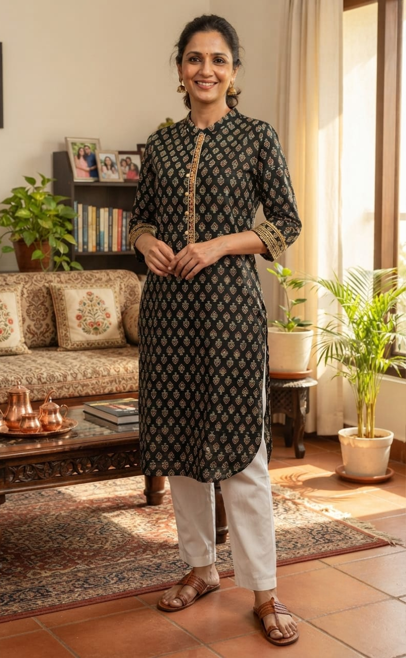 Black Tiny Flora Jaipuri Cotton Kurti. Pure Versatile Cotton. | Laces and Frills