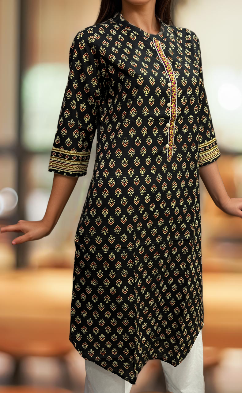 Black Tiny Flora Jaipuri Cotton Kurti. Pure Versatile Cotton. | Laces and Frills - Laces and Frills