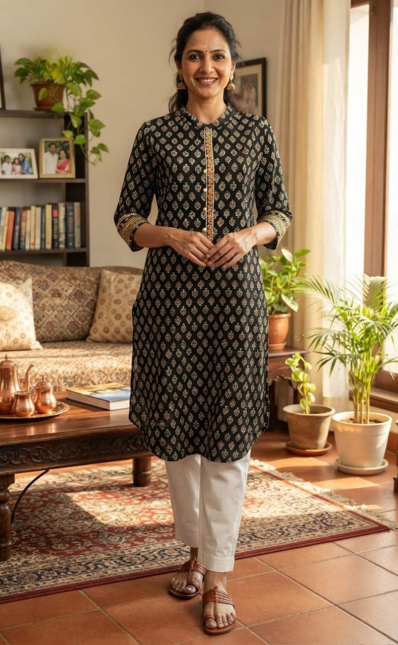 Black Tiny Flora Jaipuri Cotton Kurti. Pure Versatile Cotton. | Laces and Frills