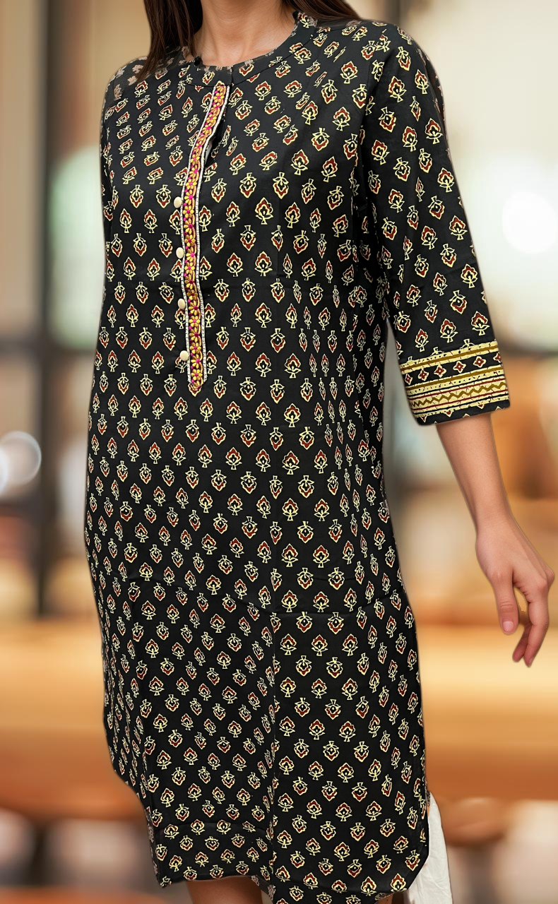 Black Tiny Flora Jaipuri Cotton Kurti. Pure Versatile Cotton. | Laces and Frills - Laces and Frills