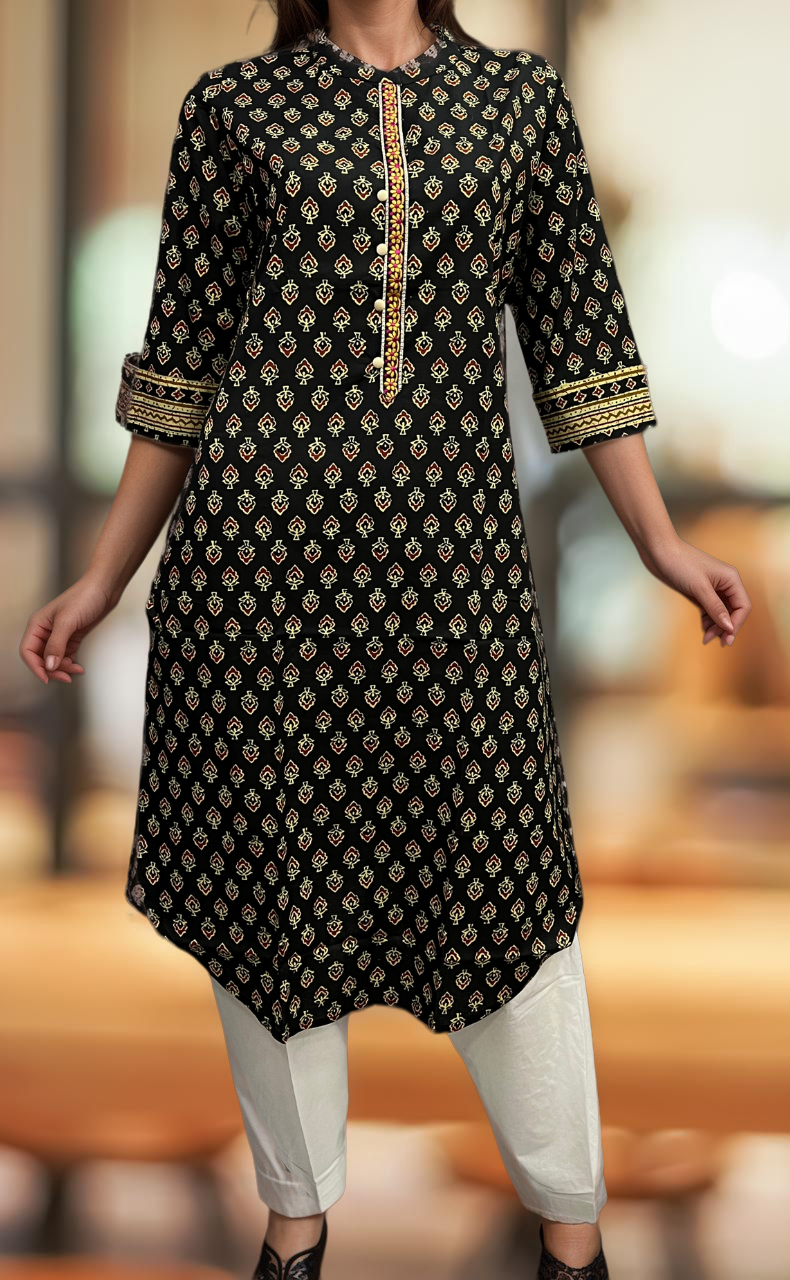 Black Tiny Flora Jaipuri Cotton Kurti. Pure Versatile Cotton. | Laces and Frills - Laces and Frills