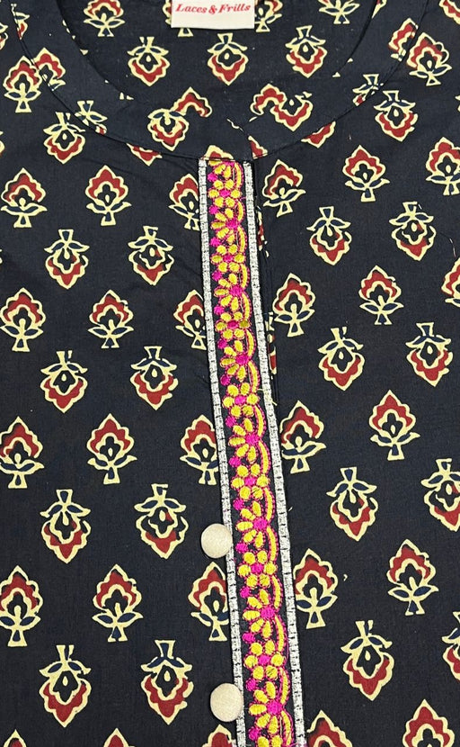 Black Tiny Flora Jaipuri Cotton Kurti. Pure Versatile Cotton. | Laces and Frills - Laces and Frills
