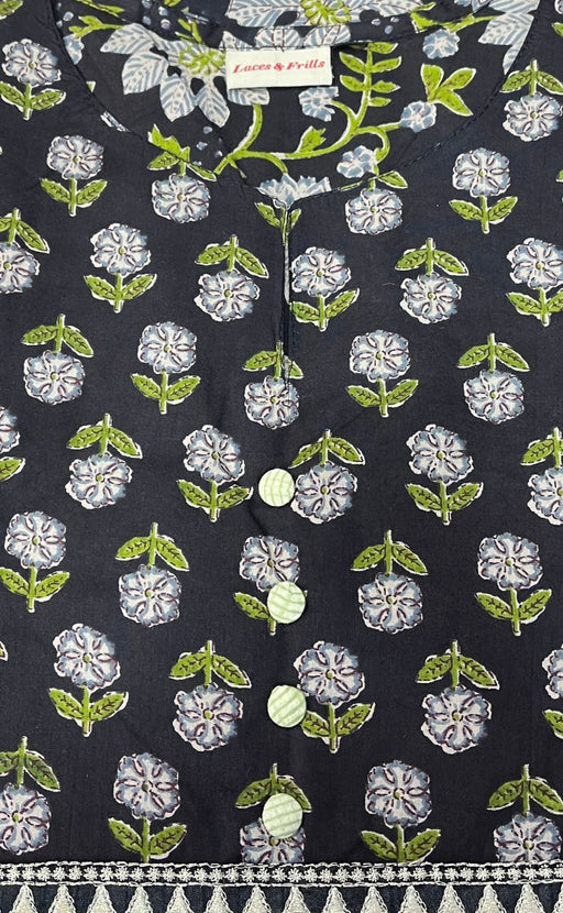 Black/Green Floral Jaipuri Cotton Kurti. Pure Versatile Cotton. | Laces and Frills - Laces and Frills