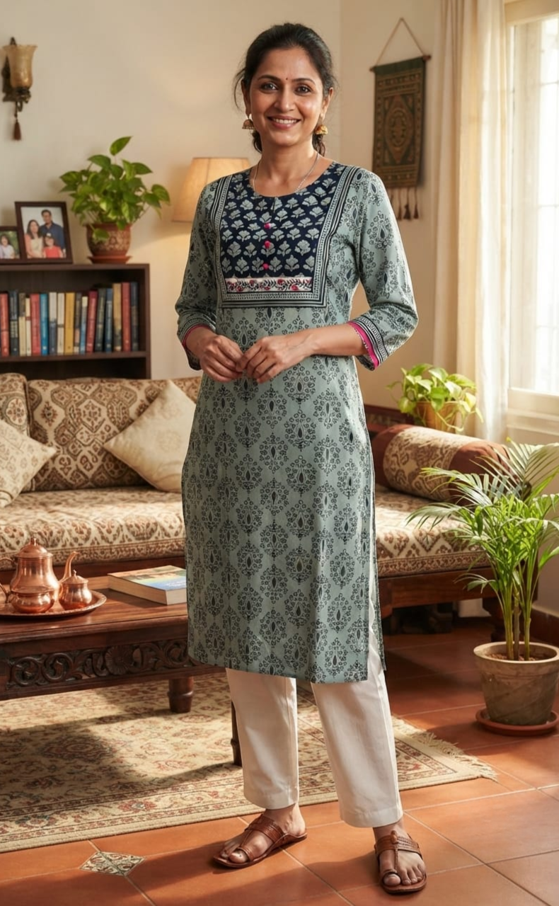 Light Blue/Navy Blue Floral Jaipuri Cotton Kurti. Pure Versatile Cotton. | Laces and Frills