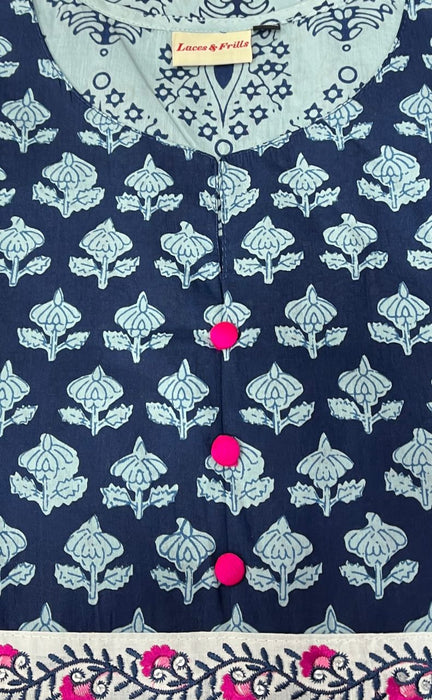 Light Blue/Navy Blue Floral Jaipuri Cotton Kurti. Pure Versatile Cotton. | Laces and Frills - Laces and Frills