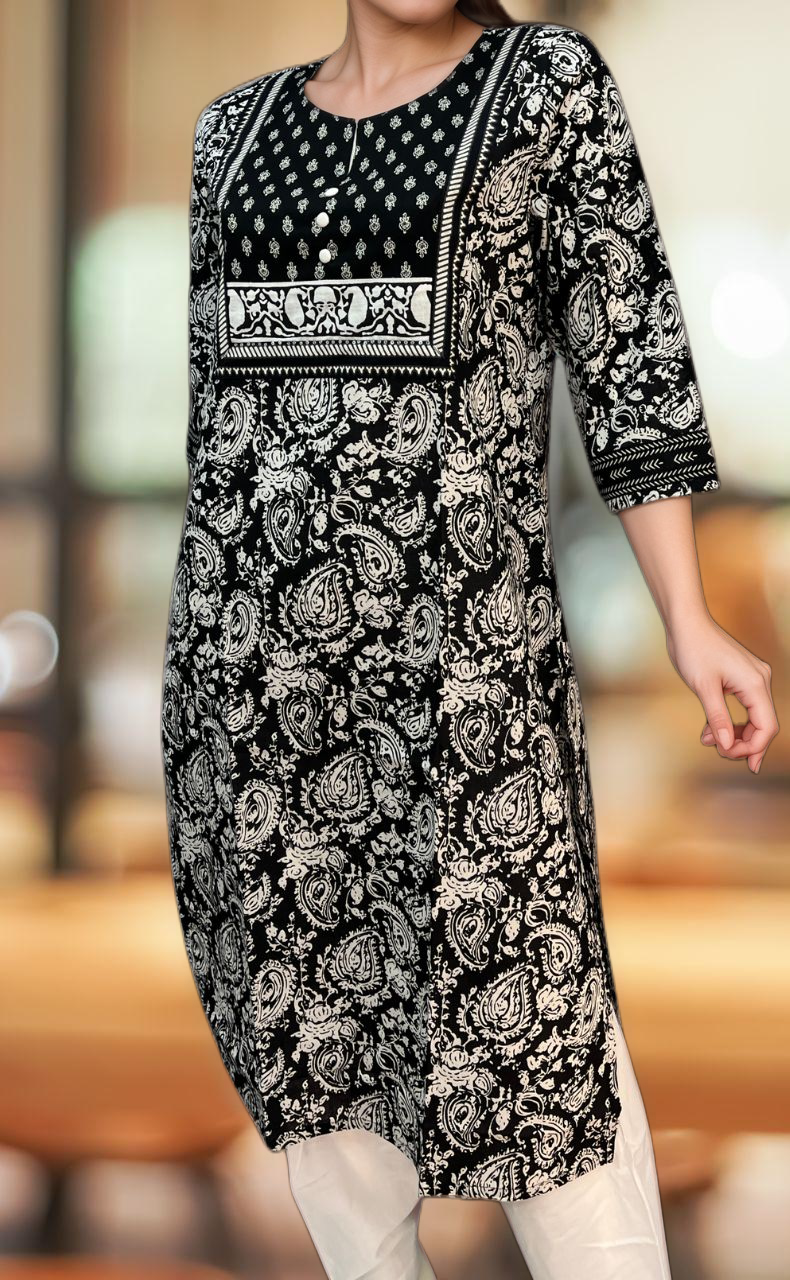 Black/White Floral Jaipuri Cotton Kurti. Pure Versatile Cotton. | Laces and Frills - Laces and Frills