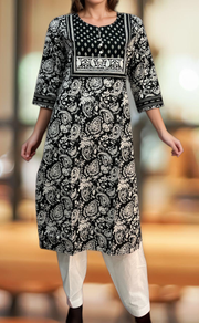 Black/White Floral Jaipuri Cotton Kurti. Pure Versatile Cotton. | Laces and Frills - Laces and Frills