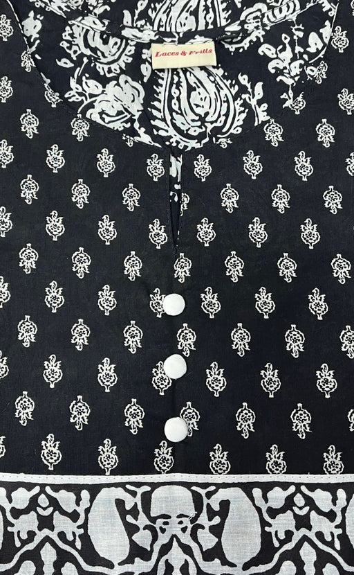Black/White Floral Jaipuri Cotton Kurti. Pure Versatile Cotton. | Laces and Frills - Laces and Frills