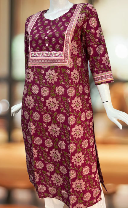 Beetroot Pink/Green Floral Jaipuri Cotton Kurti. Pure Versatile Cotton. | Laces and Frills - Laces and Frills