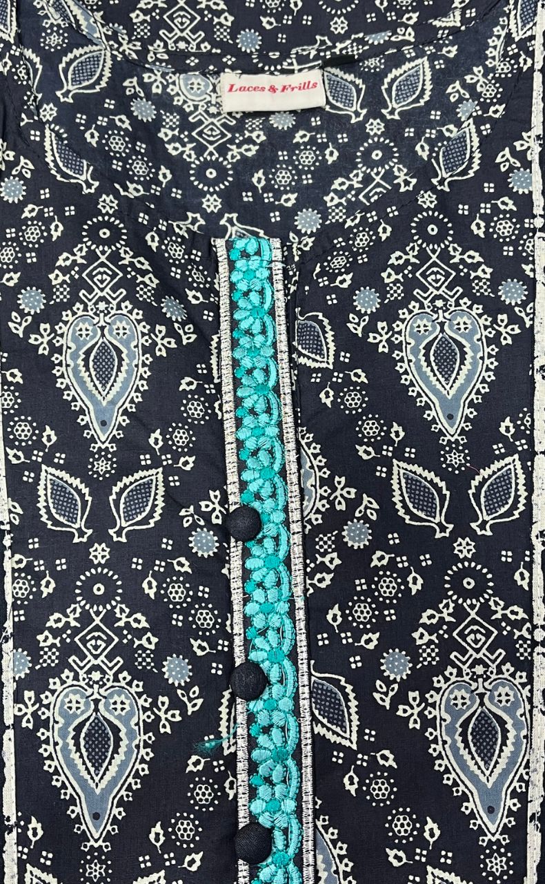 Black/Off White Garden Jaipuri Cotton Kurti. Pure Versatile Cotton. | Laces and Frills - Laces and Frills