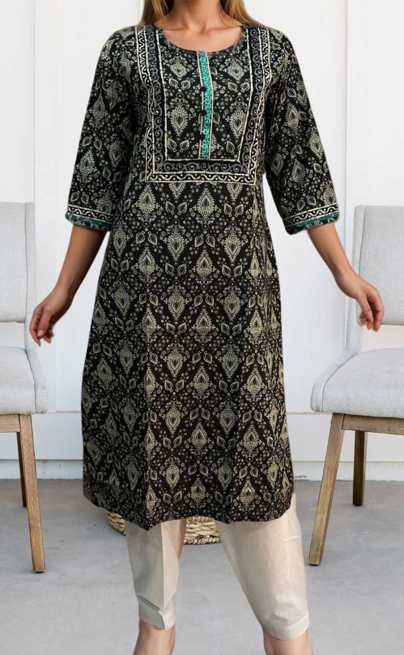 Black/Off White Garden Jaipuri Cotton Kurti. Pure Versatile Cotton. | Laces and Frills - Laces and Frills